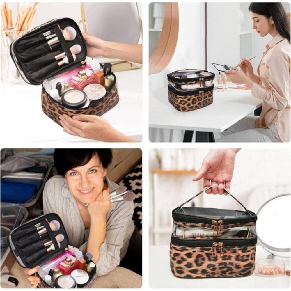 New Portable Double-layer Travel Cosmetic Makeup Bag for Women - Leopard - Picture 7 of 9